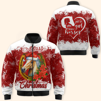 Just a Girl Who Loves Horses Christmas Hoodie – Merry Horse Lover Zip Up Sweatshirt