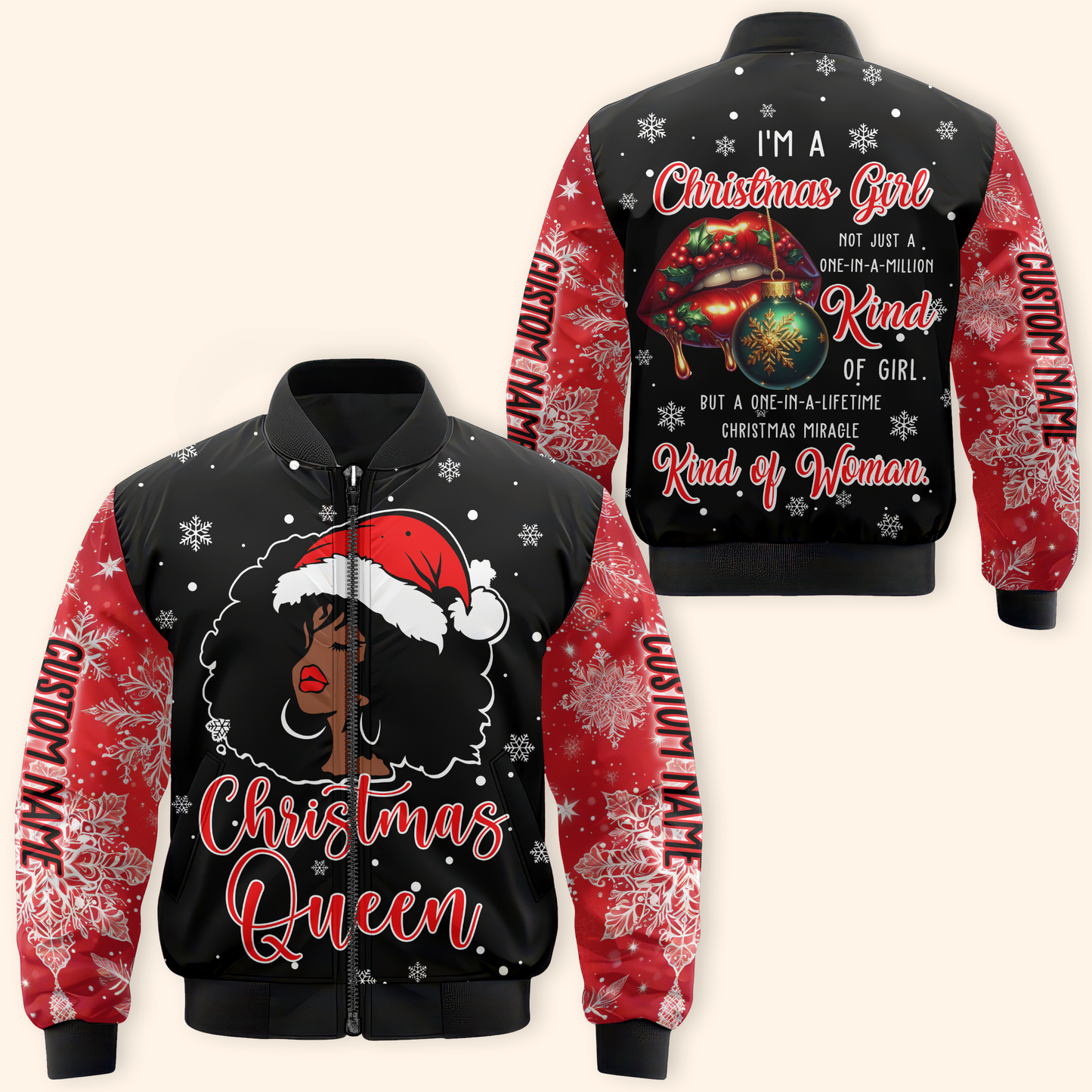 Christmas Queen Hoodie – Holiday Afro Woman Zip Up Sweatshirt