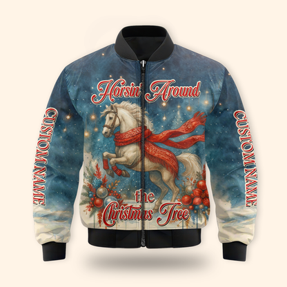 Horsin’ Around the Christmas Tree Hoodie – Funny Horse Lover Holiday Zip Up
