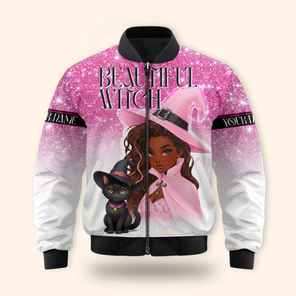 Personalized Beautiful Witch Hoodie – Pink Witch and Black Cat Halloween Zip Up, Custom Choo