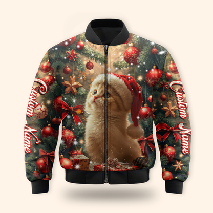 Cute Cat Christmas Hoodie – Personalized Santa Kitty Zip Up