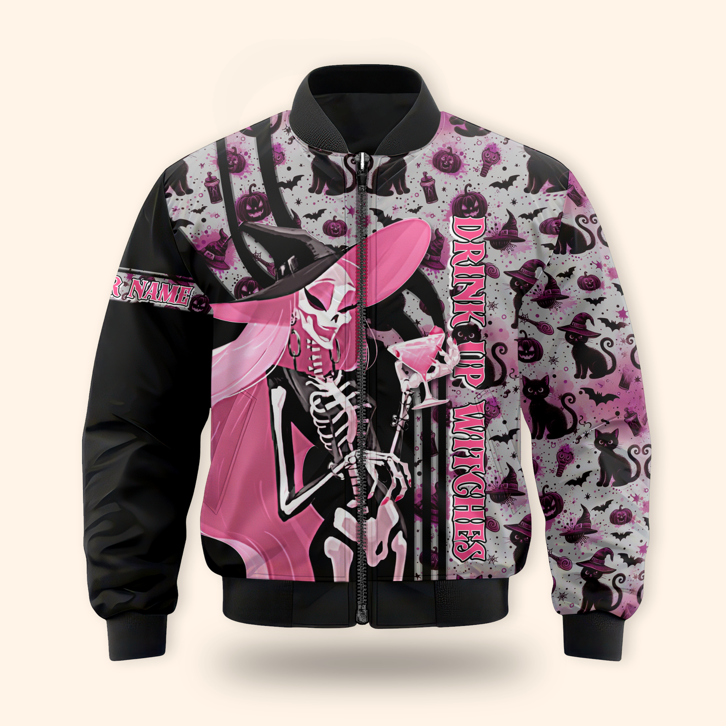 Personalized Halloween Hoodie – Drink Up Witches Pink Black Gothic Jacket, Custom Choo