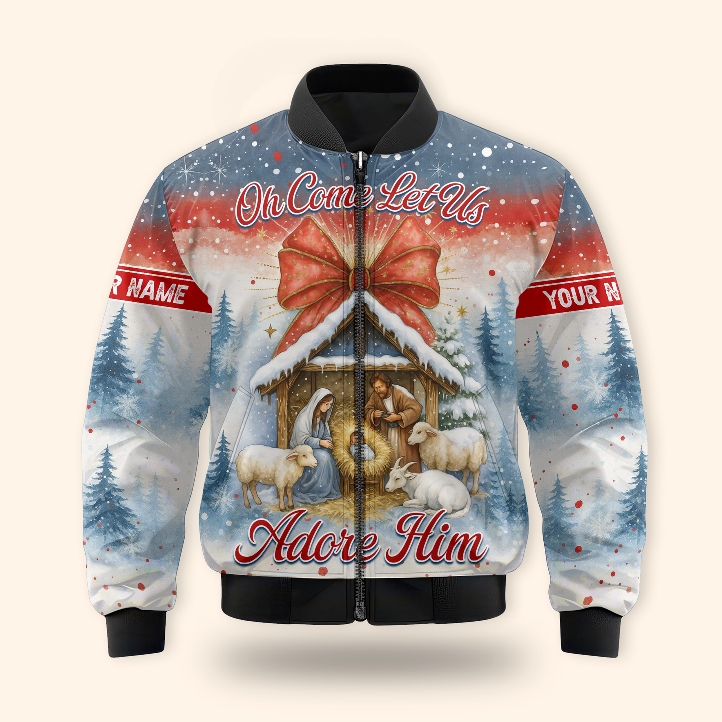 Christian Christmas Hoodie – Oh Come Let Us Adore Him Nativity Scene, Personalized Holiday Zip Up, Custom Choo