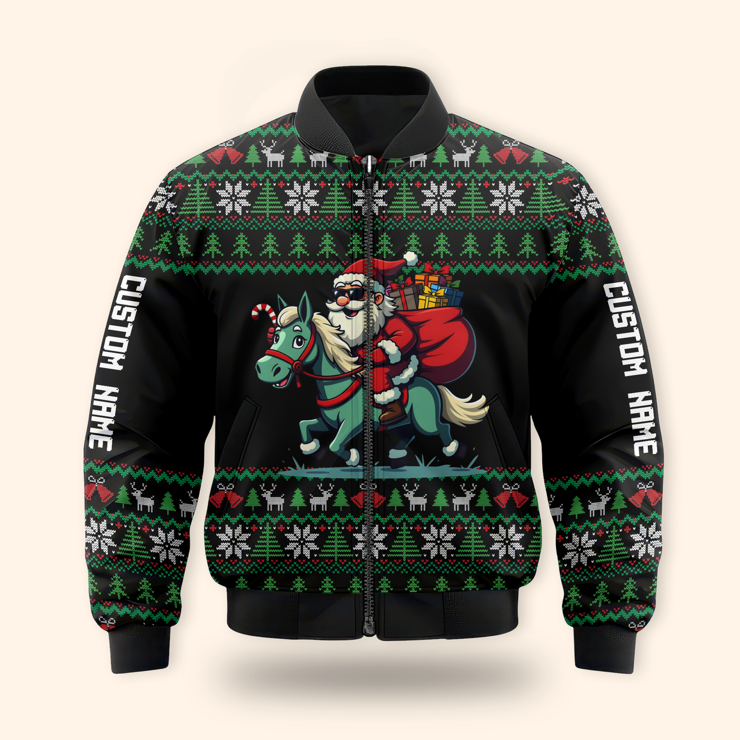 Funny Santa Riding Horse Hoodie – Custom Name Christmas Zip Up, Ugly Sweater Style, Holiday Hoodie for Horse Lovers