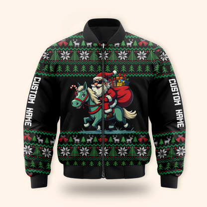 Funny Santa Riding Horse Hoodie – Custom Name Christmas Zip Up, Ugly Sweater Style, Holiday Hoodie for Horse Lovers