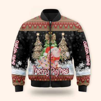 Merry PigMas Hoodie – Cute Pig Christmas Zip Up, Custom Name Funny Holiday Hoodie