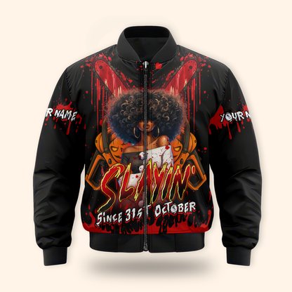 Slayin’ Since 31st October Hoodie – Custom Name Halloween Horror Afro Girl Jacket, Custom Choo