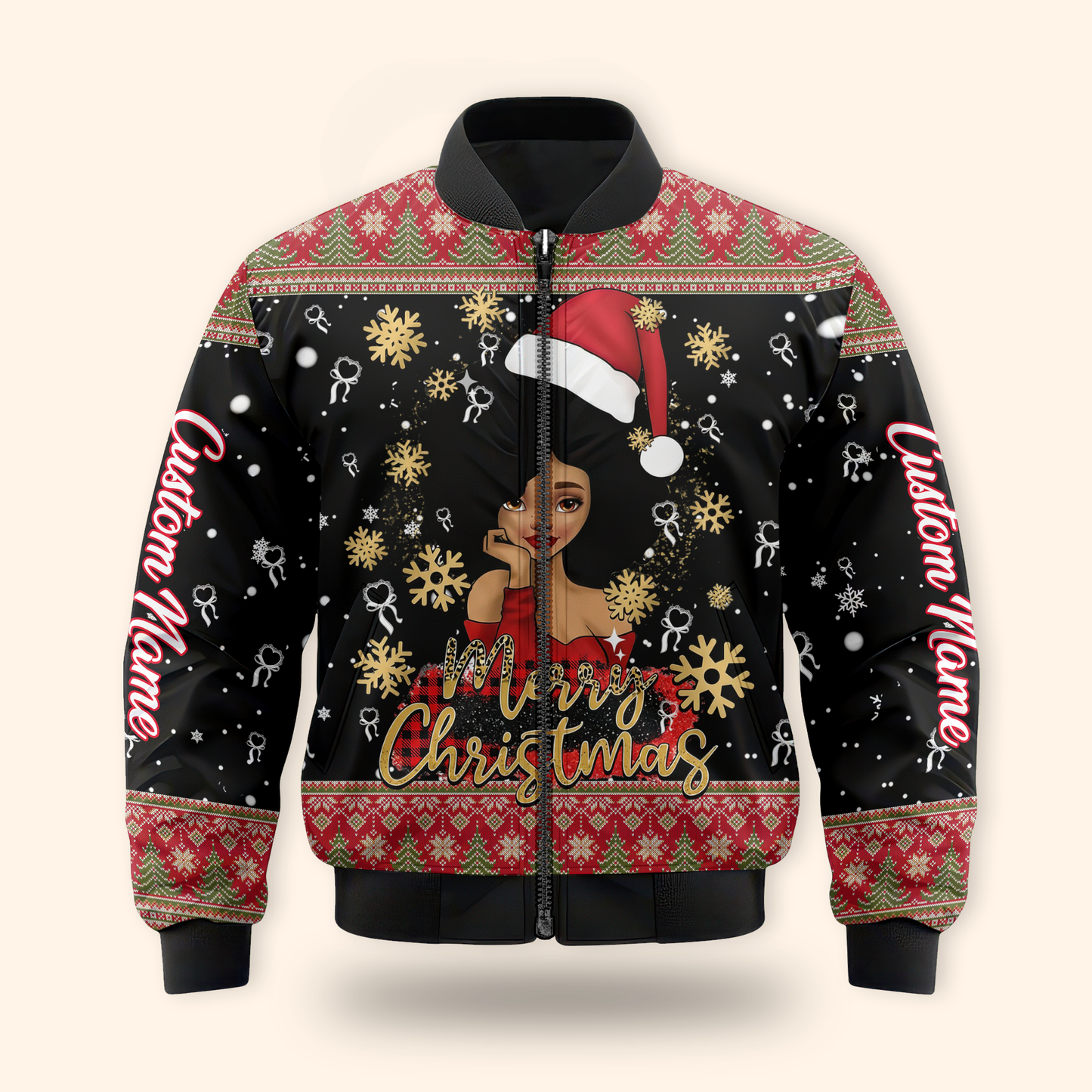 Personalized Black Girl Christmas Hoodie – Merry Christmas Santa Hat Zip Up
