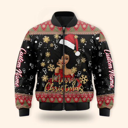 Personalized Black Girl Christmas Hoodie – Merry Christmas Santa Hat Zip Up