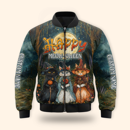 Happy Meow-Oween Hoodie – Halloween Cat Witch 3D Zip Up – Custom Name Hoodie, Custom Choo