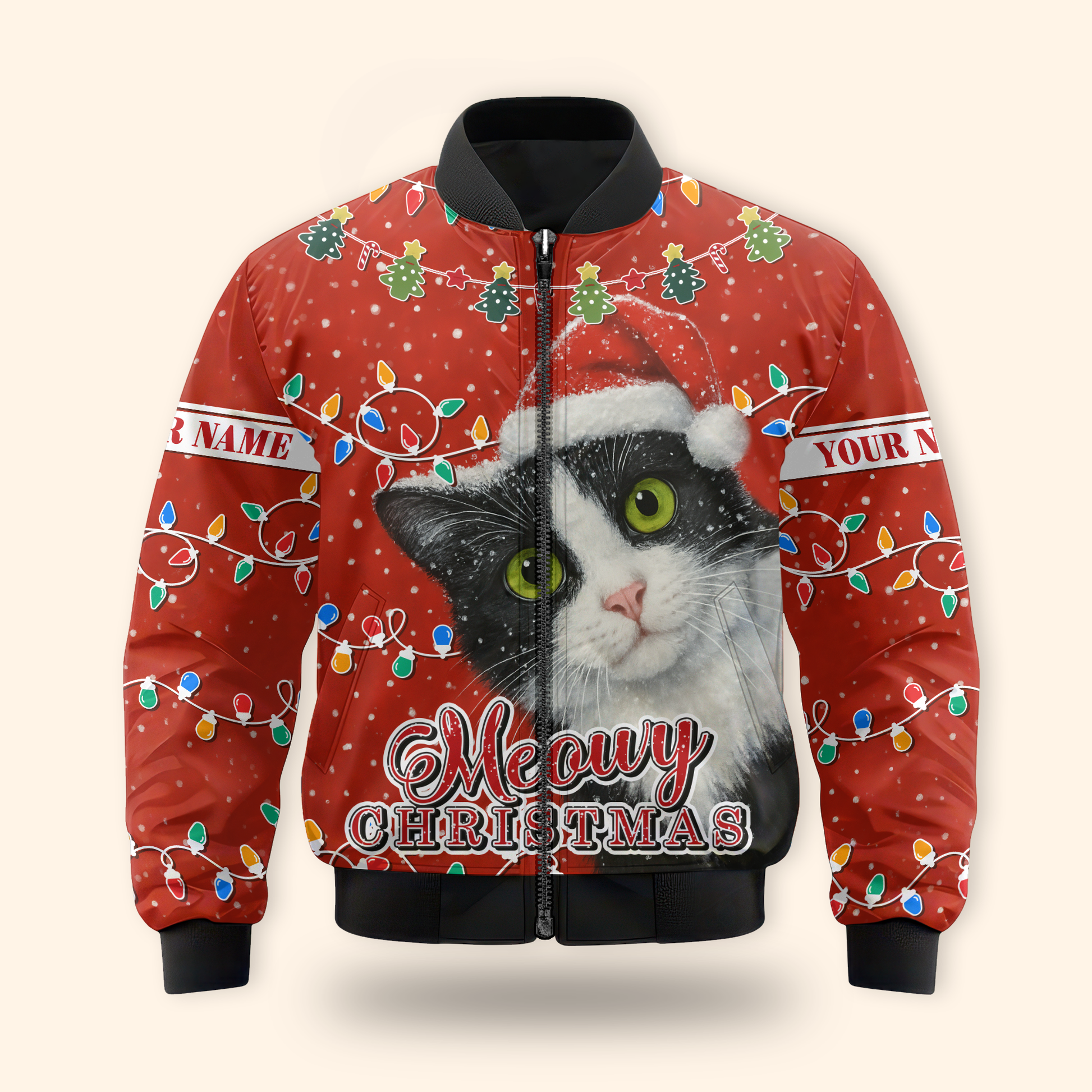 Personalized Cat Christmas Hoodie – Meowy Christmas Zip Up, Cute Holiday Gift for Cat Lovers, Custom Choo