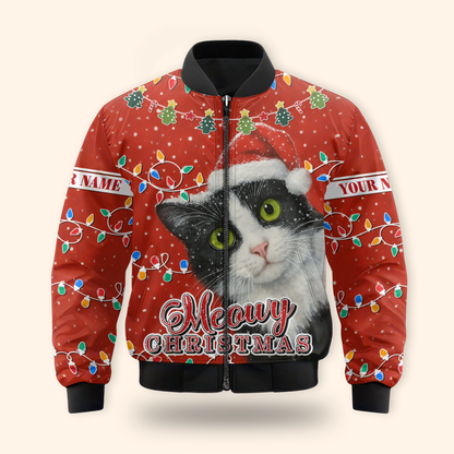 Personalized Cat Christmas Hoodie – Meowy Christmas Zip Up, Cute Holiday Gift for Cat Lovers, Custom Choo