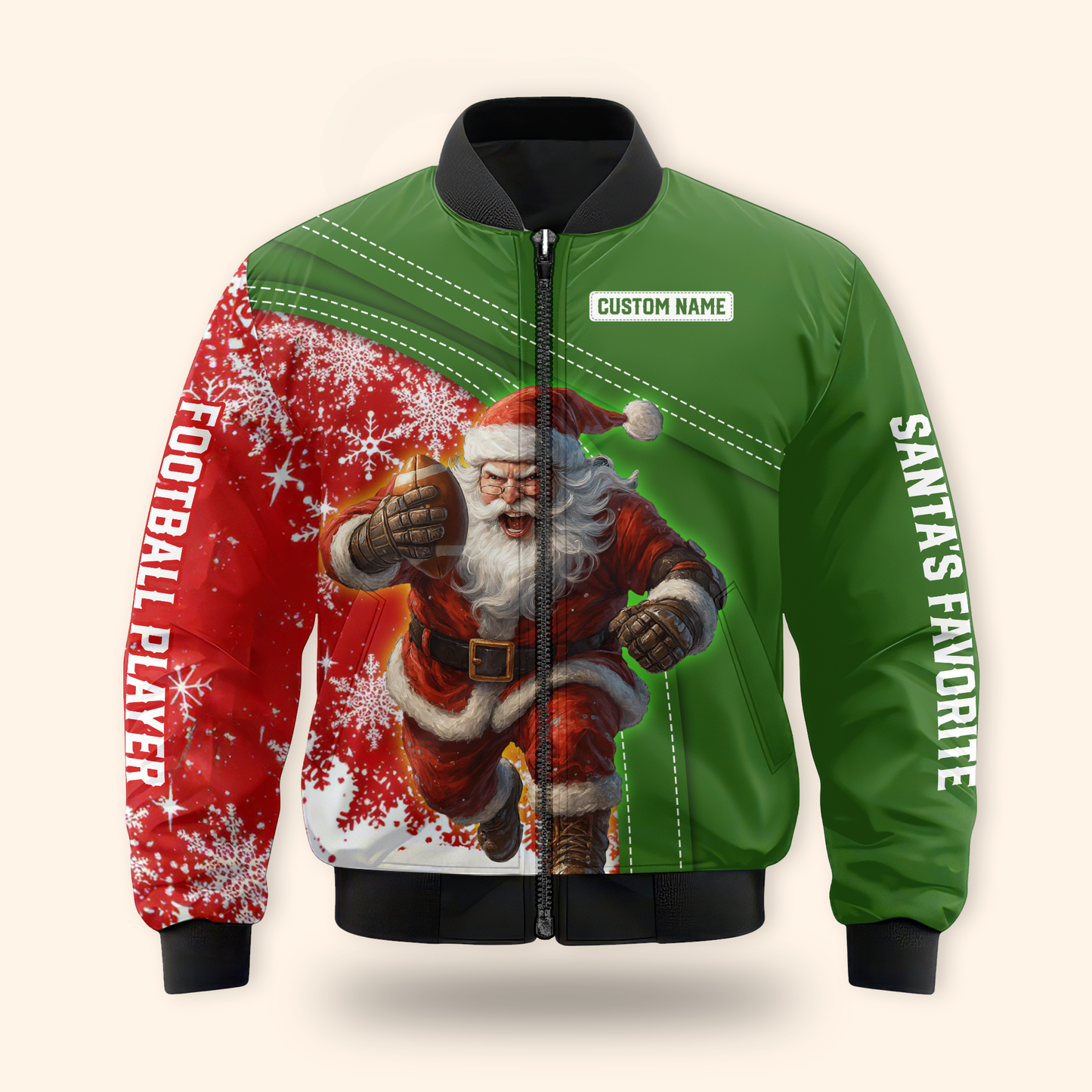 Santa Football Hoodie – Custom Name Christmas Sports Zip Up