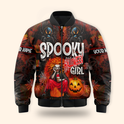 Spooky Halloween Girl Hoodie – Personalized Name Creepy Zip Up Jacket, Custom Choo