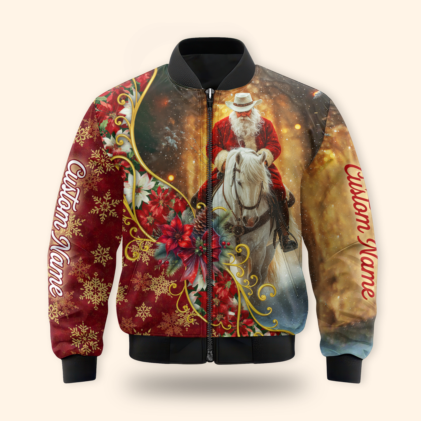 Santa Riding Horse Hoodie – Western Cowboy Christmas Zip Up, Custom Name Holiday Hoodie for Horse Lovers