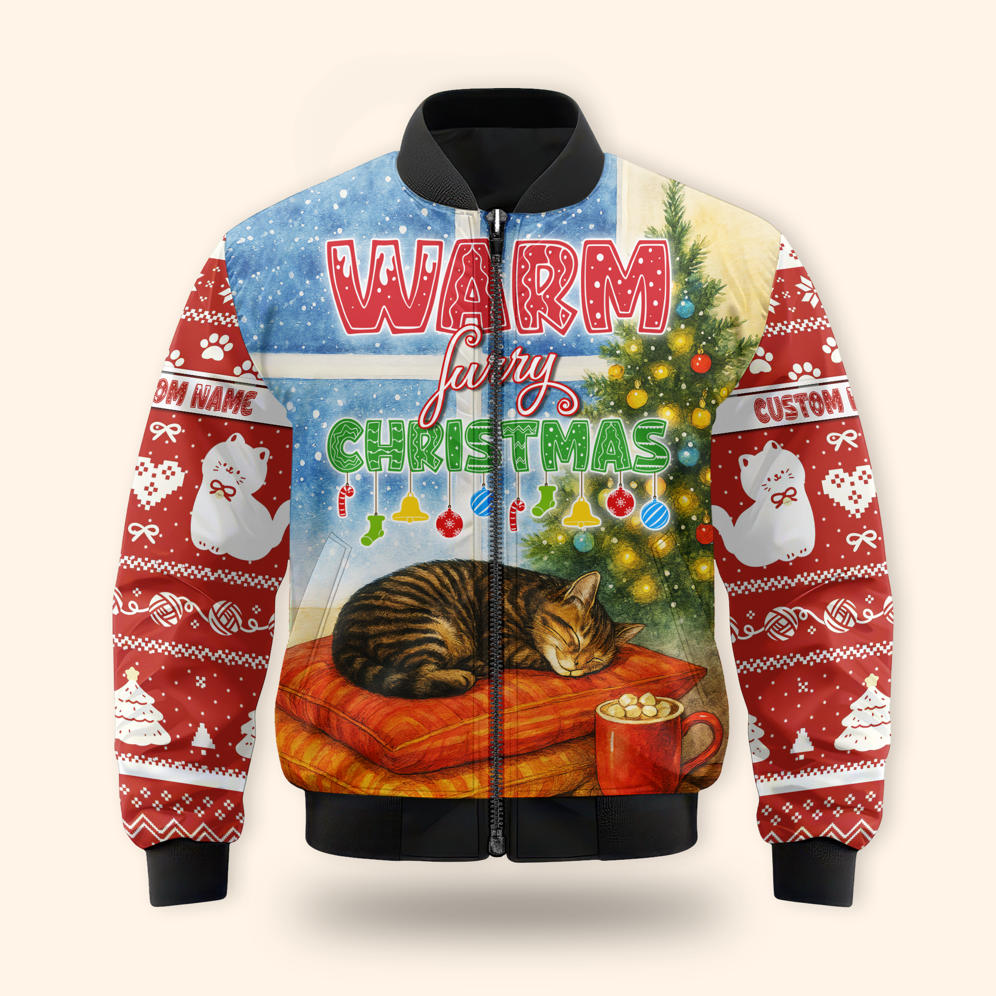 Warm Furry Christmas Hoodie – Cute Cat Lover Zip Up, Personalized Holiday Gift, Custom Choo