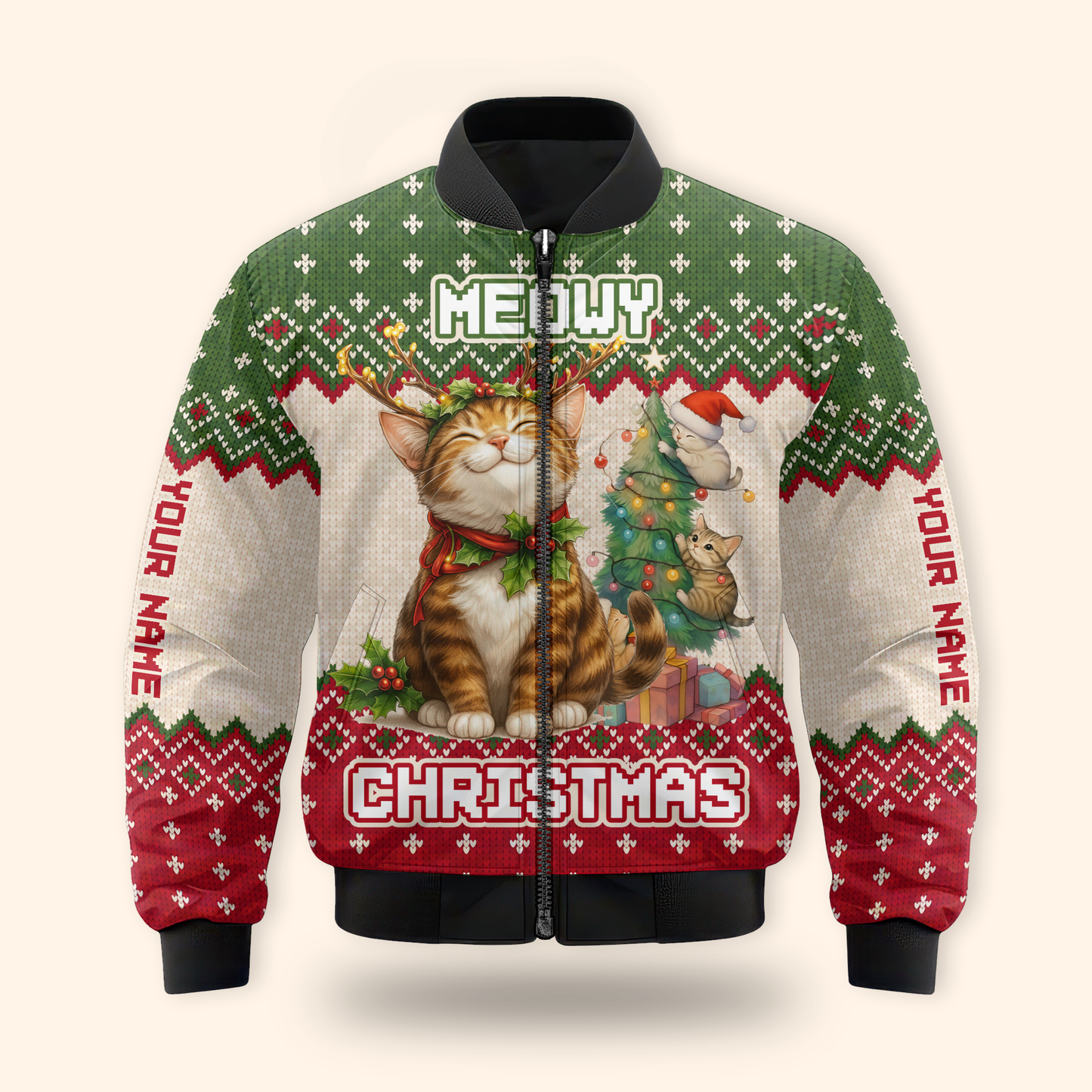 Personalized Merry Christmas Cat Hoodie – Cute Holiday Zip Up, Custom Name Gift for Cat Lovers, Custom Choo