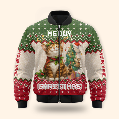 Personalized Merry Christmas Cat Hoodie – Cute Holiday Zip Up, Custom Name Gift for Cat Lovers, Custom Choo