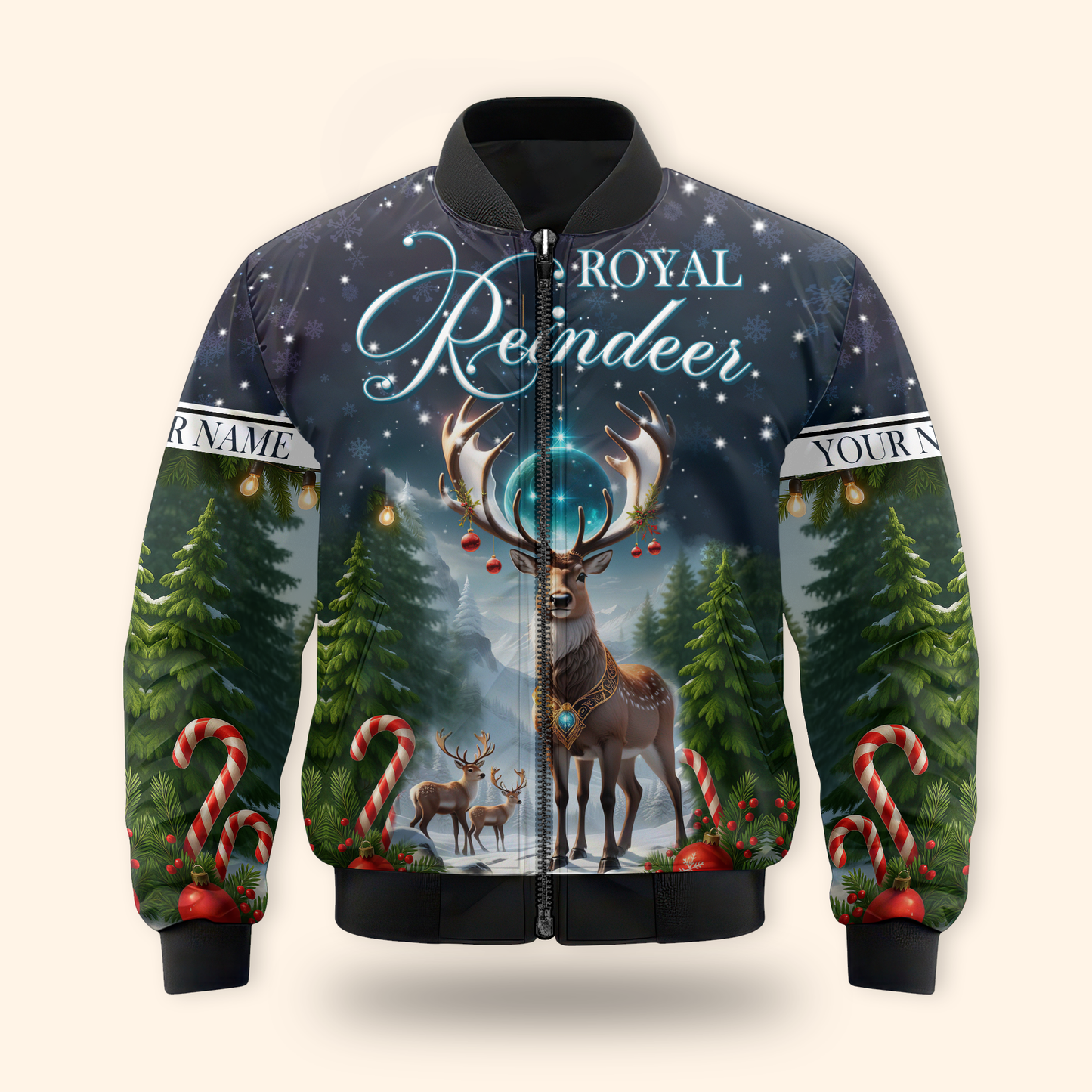 Royal Reindeer Christmas Hoodie – Elegant Winter Wonderland Zip Up