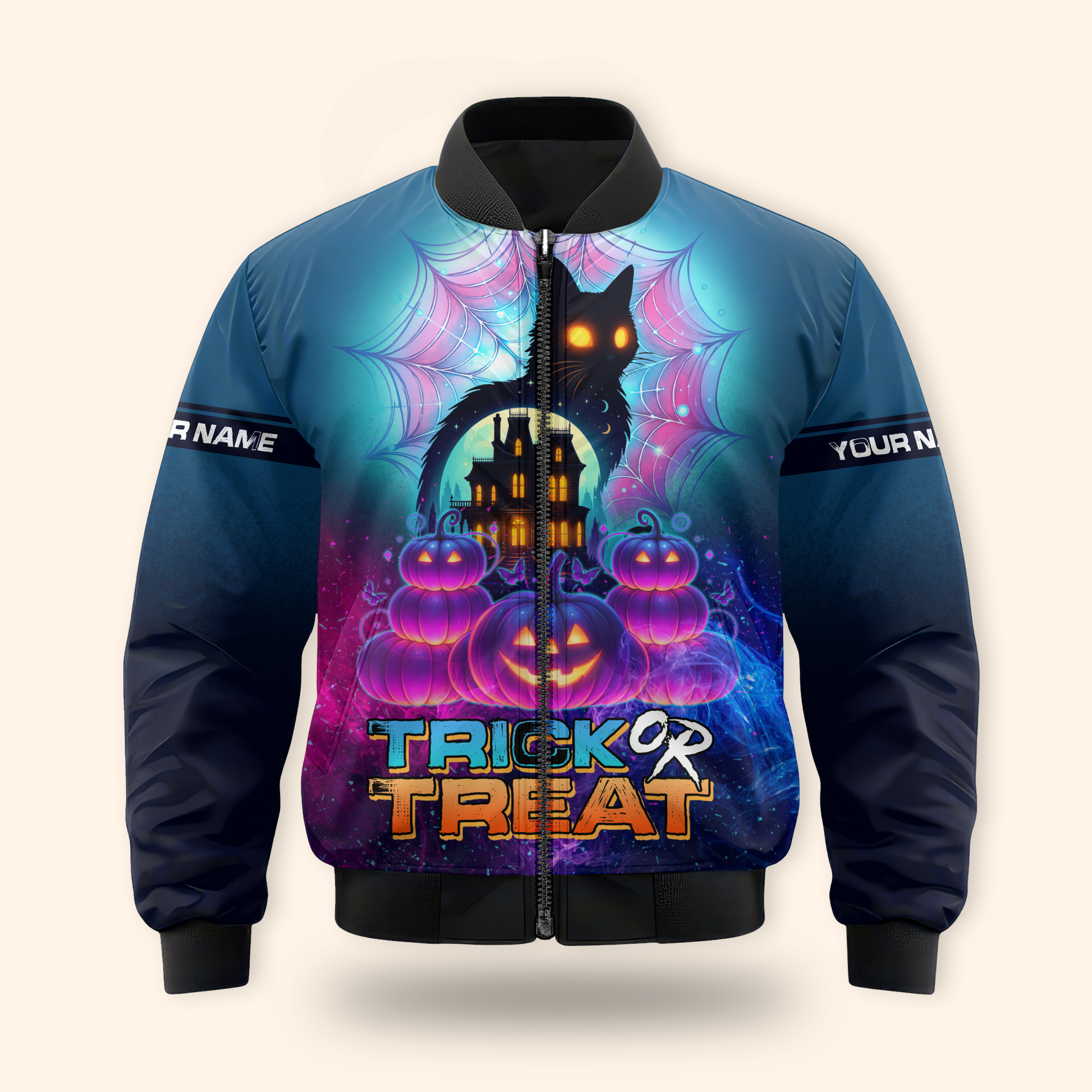 Personalized Trick or Treat Hoodie – Haunted House Black Cat Halloween Zip Up, Custom Choo