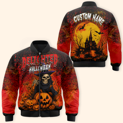 Delighted Halloween Hoodie – Grim Reaper Skeleton with Pumpkins – Custom Name Zip Up, Custom Choo