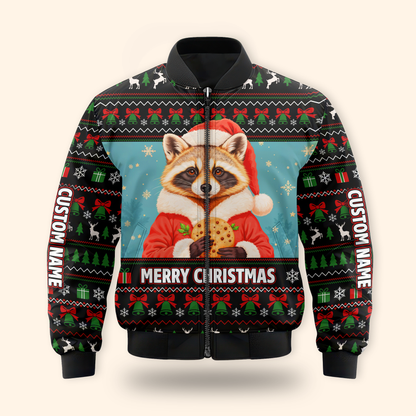 Personalized Raccoon Christmas Hoodie – Cute Merry Christmas Zip Up