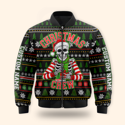 Funny Skeleton Christmas Hoodie – Custom Name Christmas Crew Zip Up