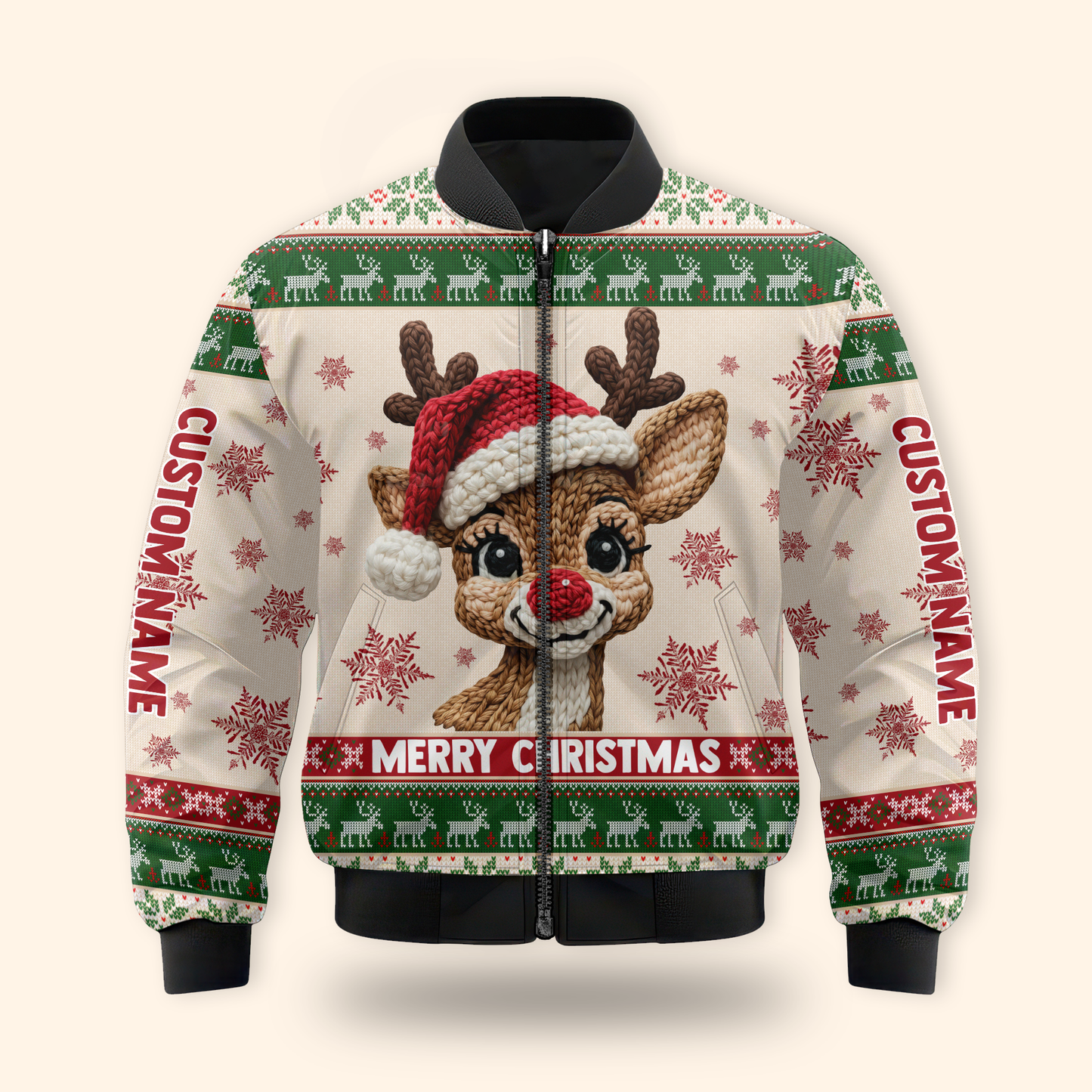 Reindeer Merry Christmas Hoodie – Cute Knitted Pattern Zip Up Holiday Sweater