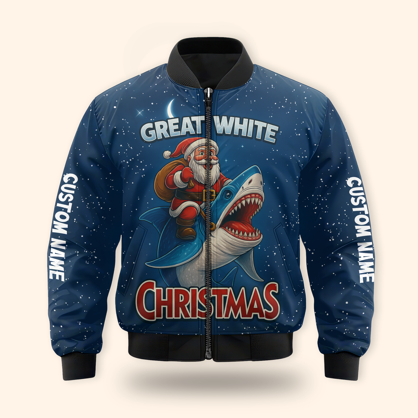 Santa Shark Hoodie – Great White Christmas Zip Up, Funny Holiday Hoodie, Custom Name Blue Ocean Design