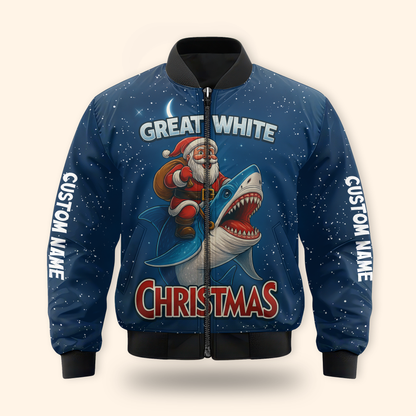 Santa Shark Hoodie – Great White Christmas Zip Up, Funny Holiday Hoodie, Custom Name Blue Ocean Design