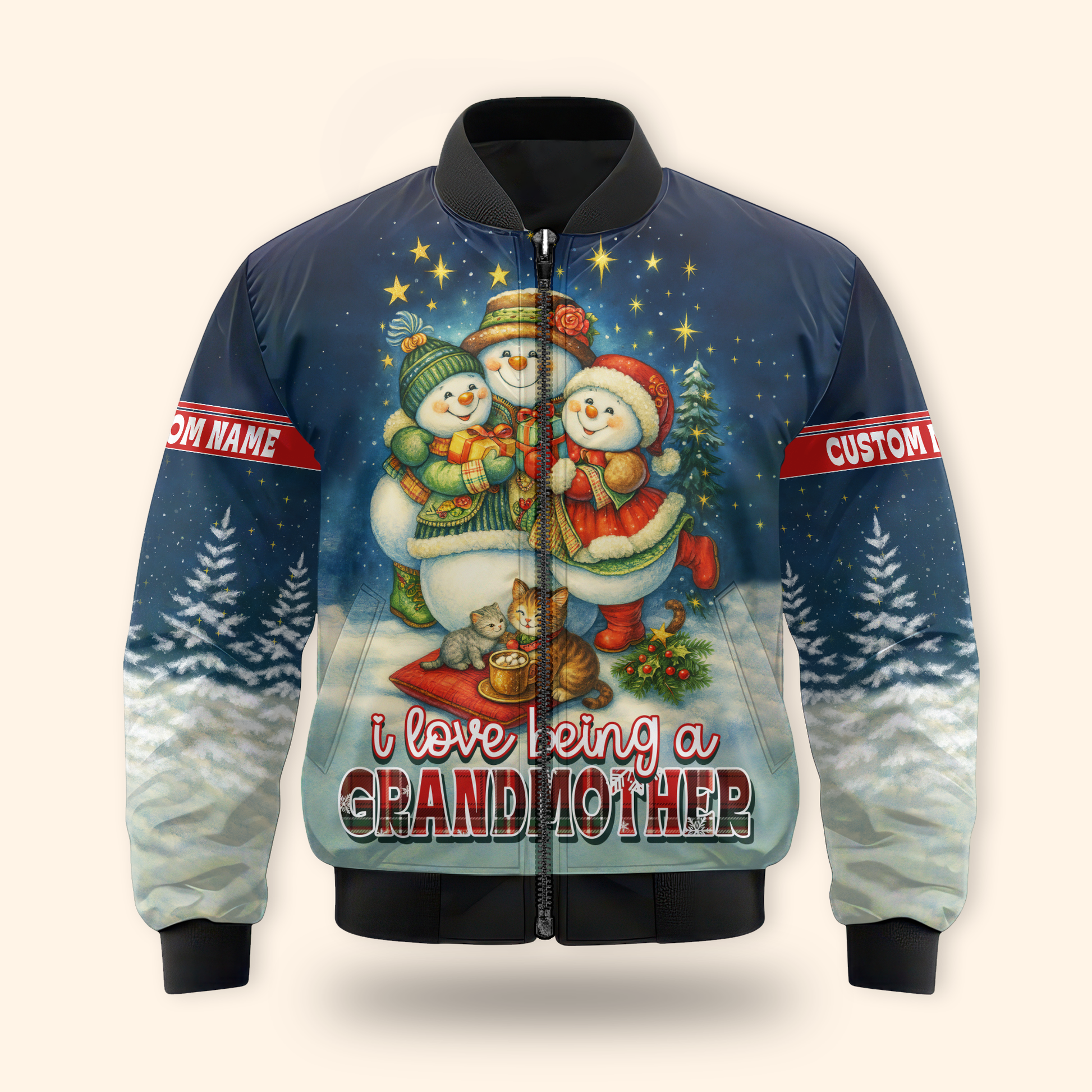 Personalized Christmas Hoodie – I Love Being a Grandmother, Snowman Family Zip Up Gift, Custom Choo