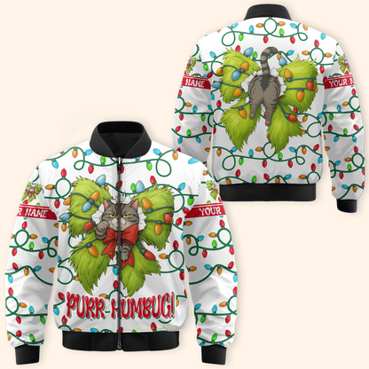 Funny Grinch Cat Christmas Hoodie – Purr Humbug Zip Up, Personalized Name Gift for Cat Lovers, Custom Choo