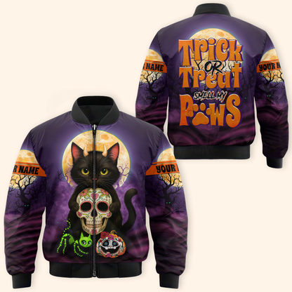 Trick or Treat Smell My Paws Hoodie – Halloween Black Cat & Sugar Skull, Custom Name Zip Up, Custom Choo