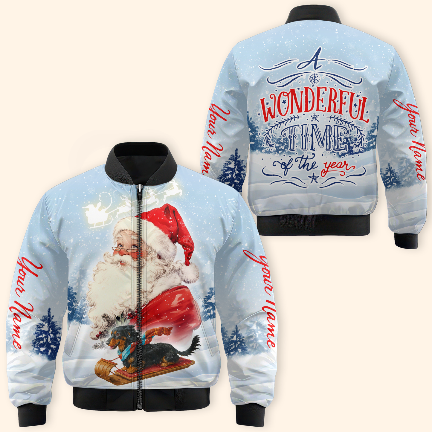 Personalized Santa Claus Christmas Hoodie – A Wonderful Time of the Year, Custom Name Zip Up, Custom Choo