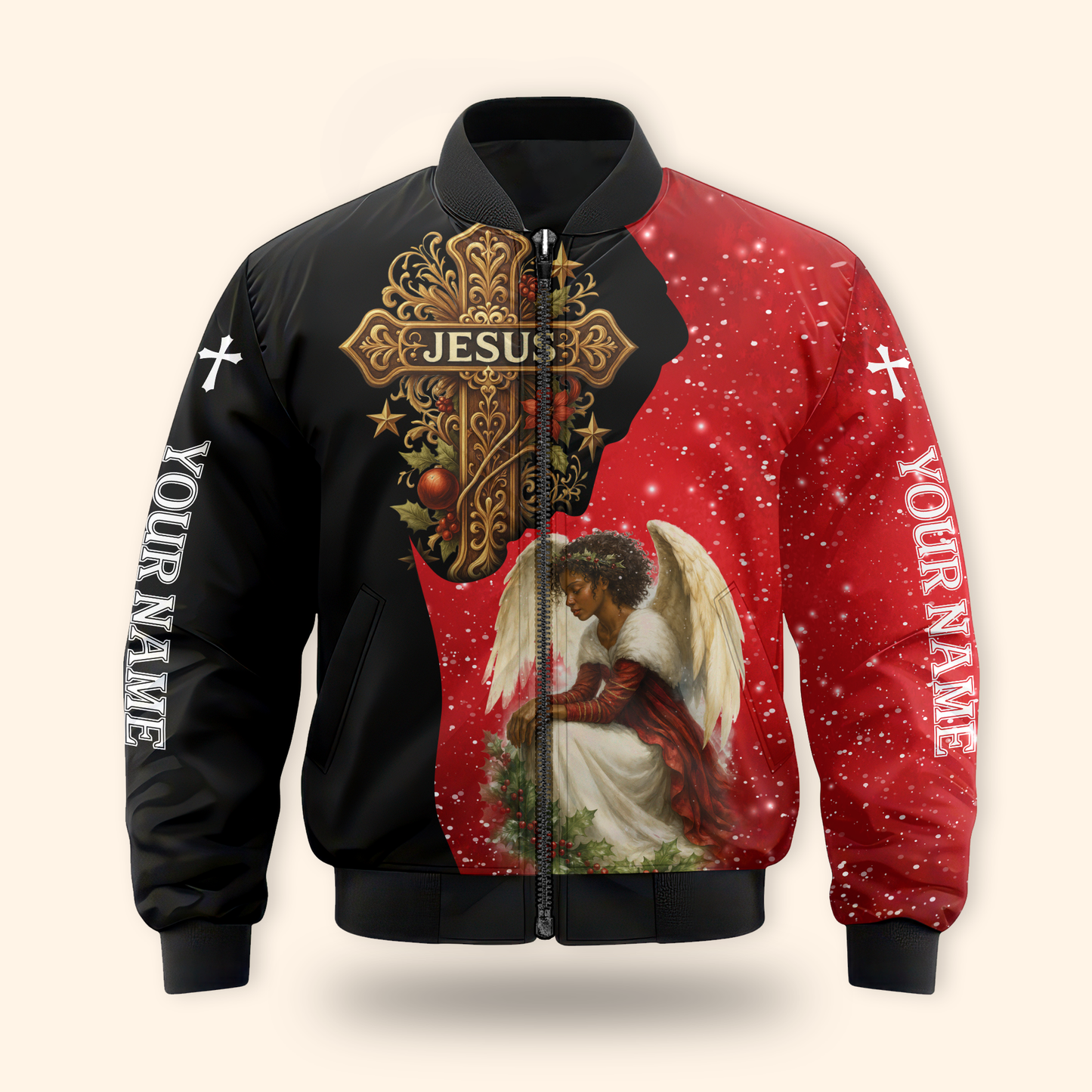 Personalized Jesus Cross Hoodie – Angel Praying Christmas Zip Up