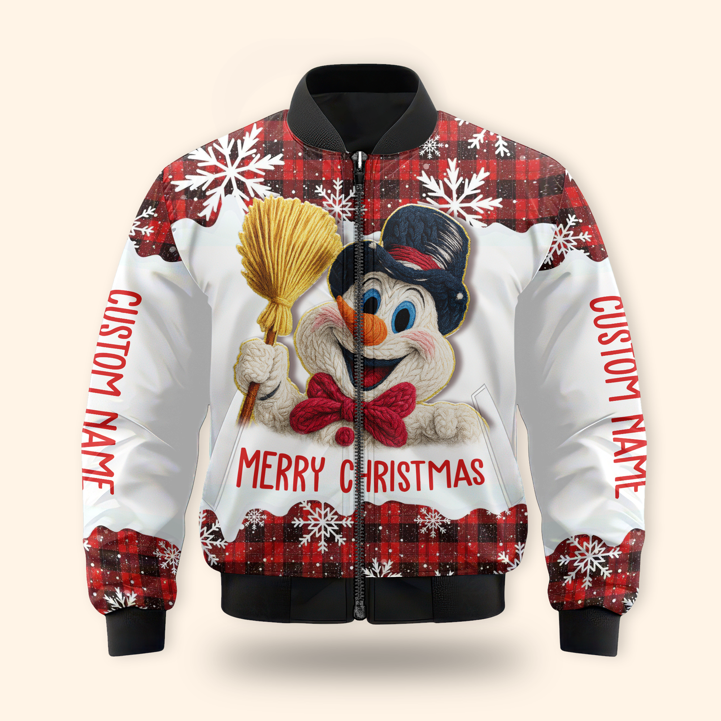 Merry Christmas Snowman Hoodie – Cute Plaid Red Winter Zip Up