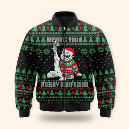 Funny Cat Christmas Hoodie – Wishing You a Merry Swiftmas, Ugly Sweater Style Zip Up, Holiday Hoodie for Cat Lovers