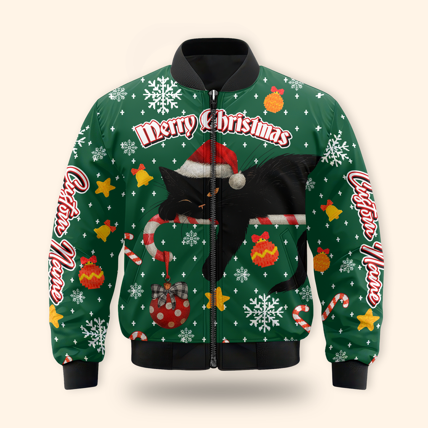 Black Cat Christmas Hoodie – Custom Name Santa Cat Zip Up