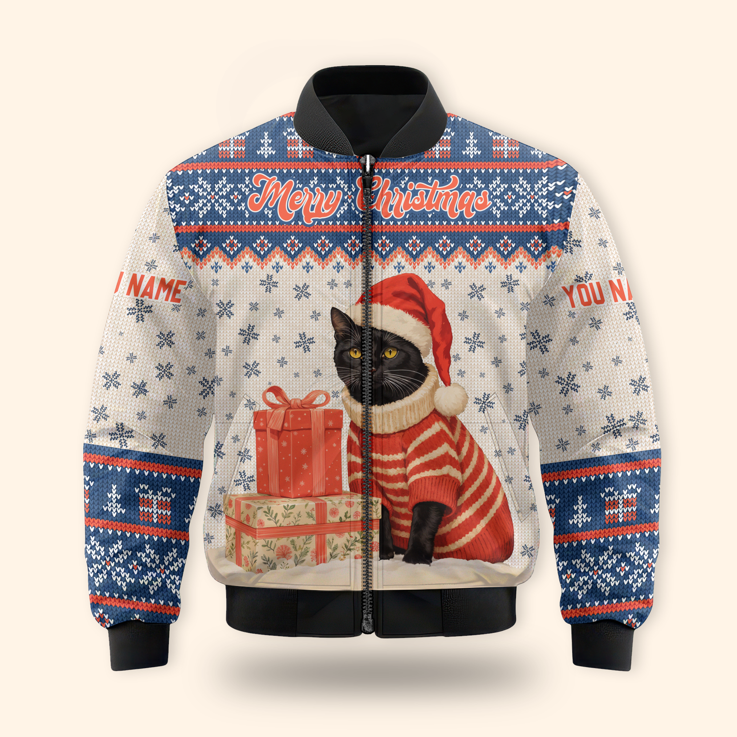 Black Cat Christmas Hoodie – Custom Name Santa Cat Zip Up