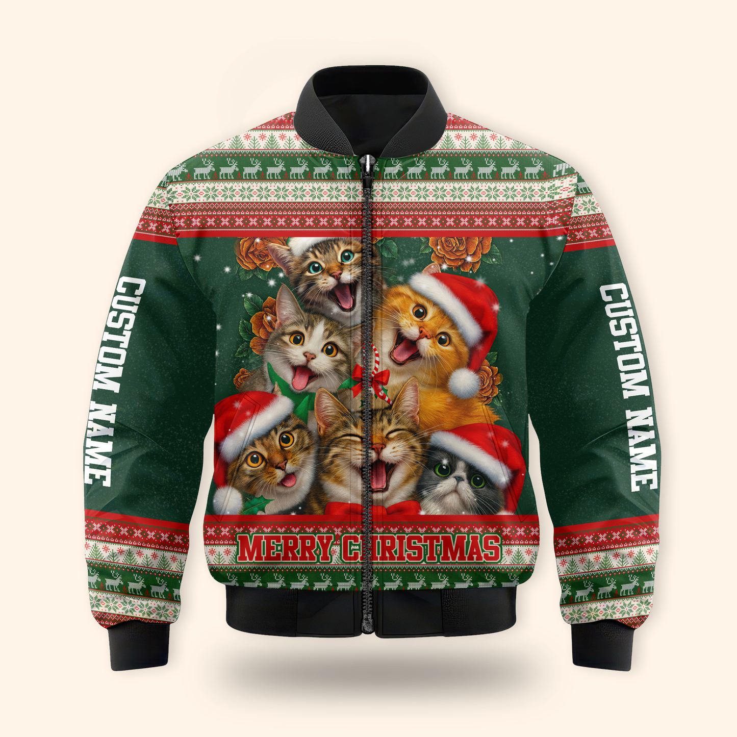 Christmas Cat Hoodie – Cute Cats in Santa Hats, Custom Name Zip Up, Funny Holiday Hoodie