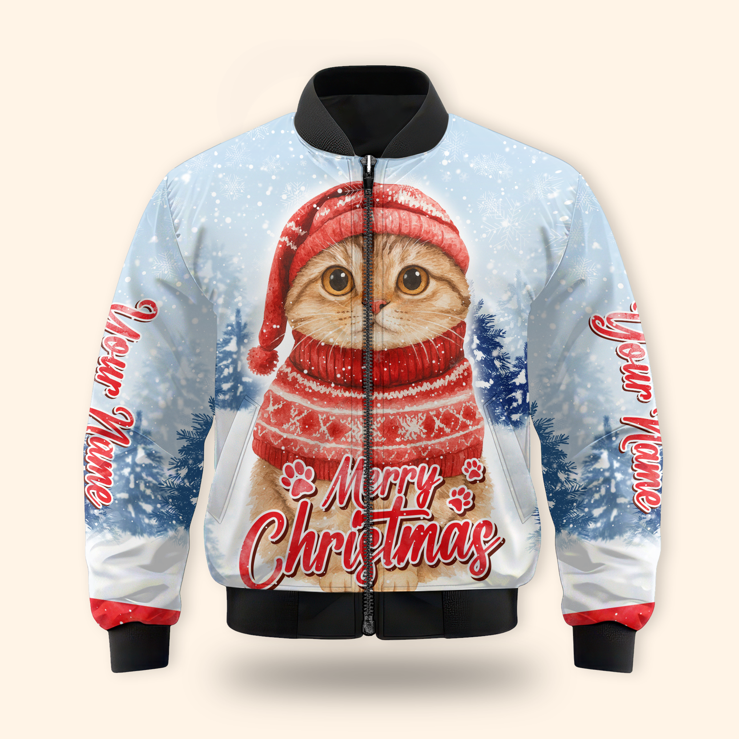 Cute Christmas Cat Hoodie – Merry Christmas Cat in Red Sweater, Personalized Name Gift