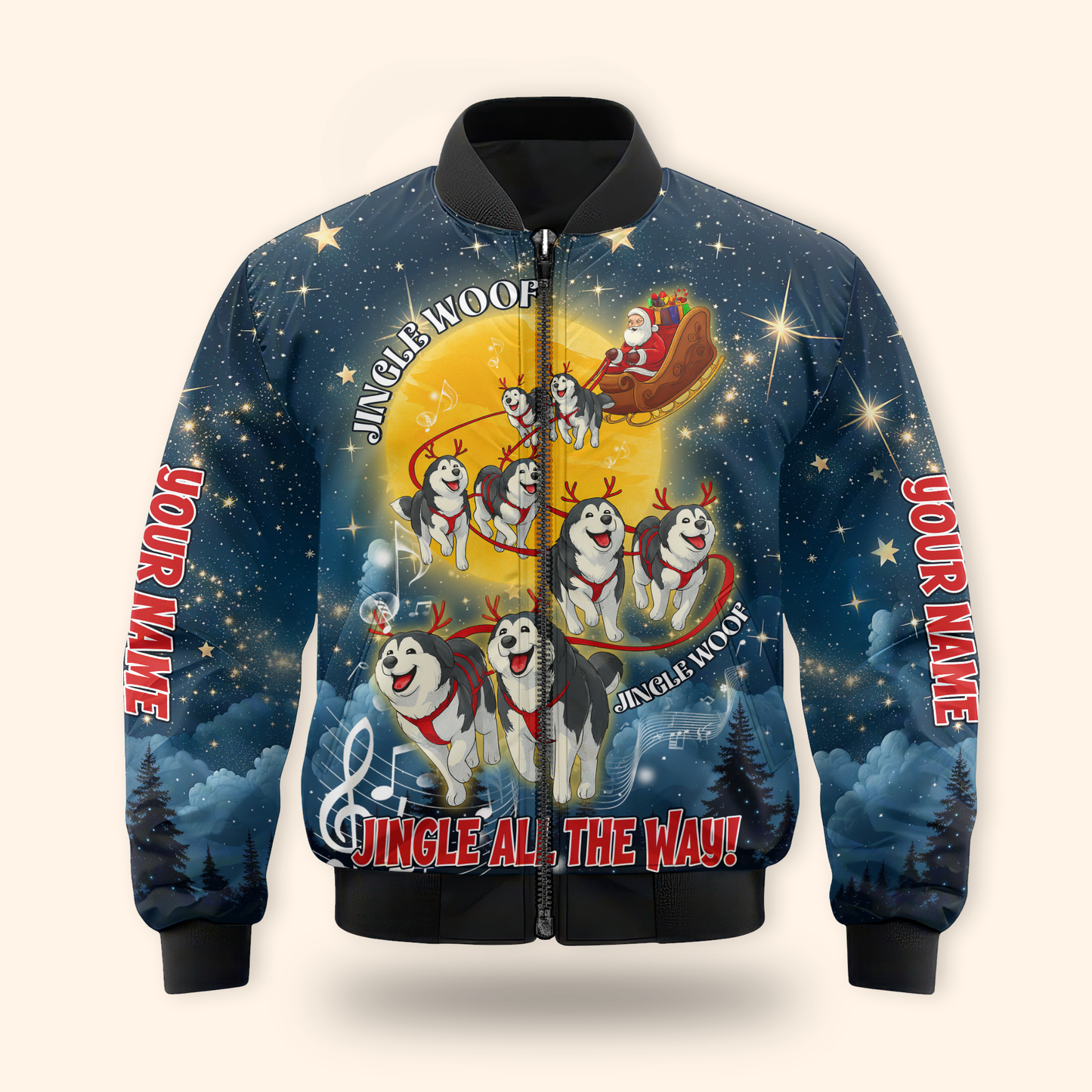 Custom Name Jingle Woof Hoodie – Husky Christmas Zip Up, Funny Santa Dog Hoodie, Holiday Sweatshirt