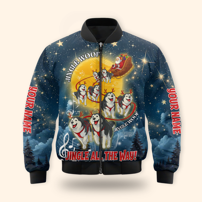 Custom Name Jingle Woof Hoodie – Husky Christmas Zip Up, Funny Santa Dog Hoodie, Holiday Sweatshirt