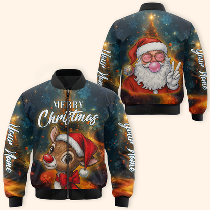 Personalized Merry Christmas Hoodie – Cute Santa & Reindeer Zip Up, Custom Name Holiday Gift, Custom Choo