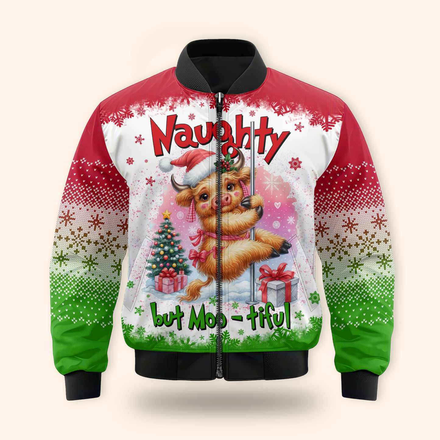 Funny Cow Christmas Hoodie – Naughty but Moo-tiful, Cute Farm Animal Holiday Zip Up Sweater