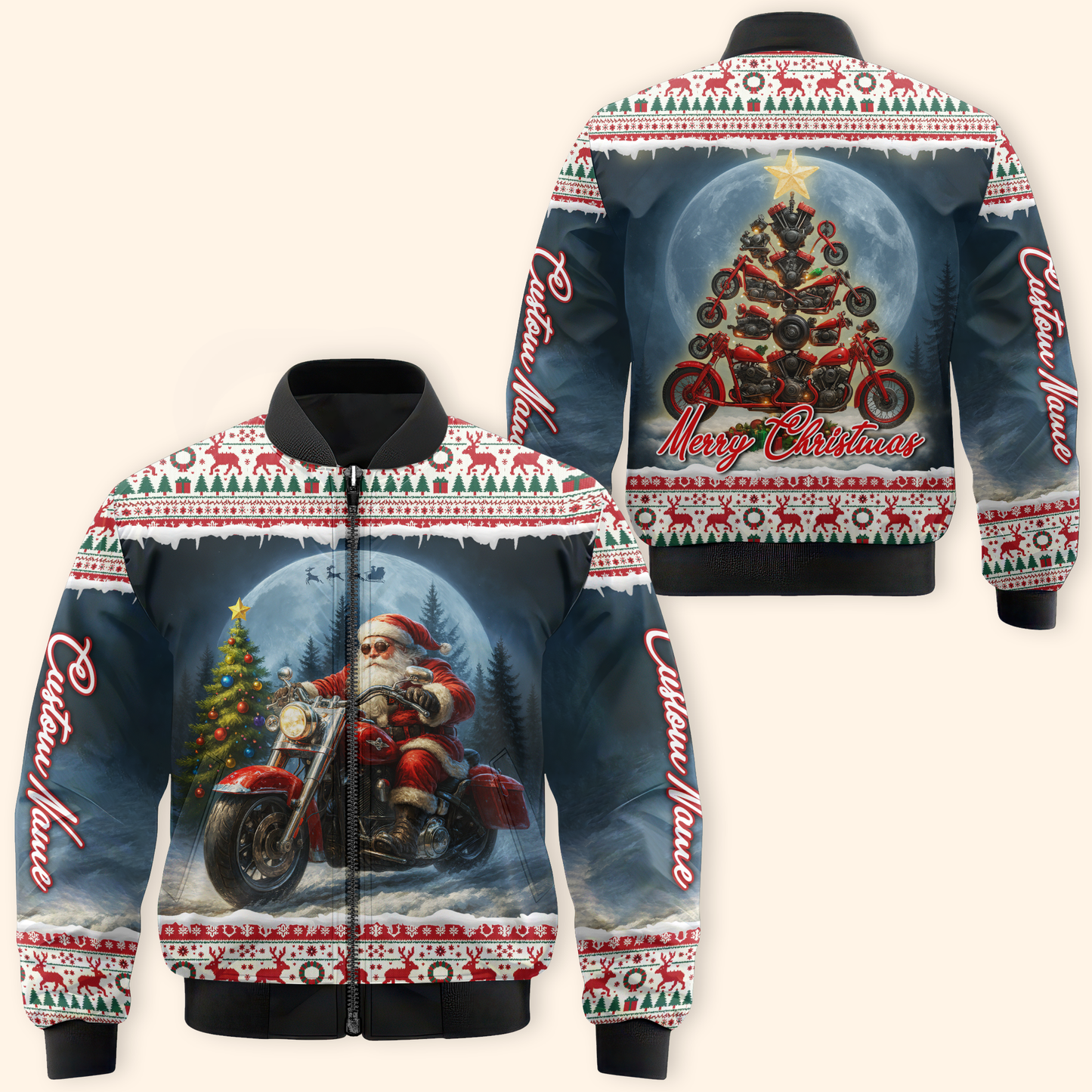 Santa Biker Christmas Hoodie – Custom Name Motorcycle Xmas Zip Up
