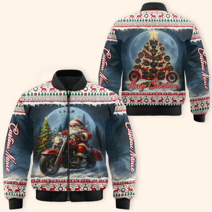 Santa Biker Christmas Hoodie – Custom Name Motorcycle Xmas Zip Up