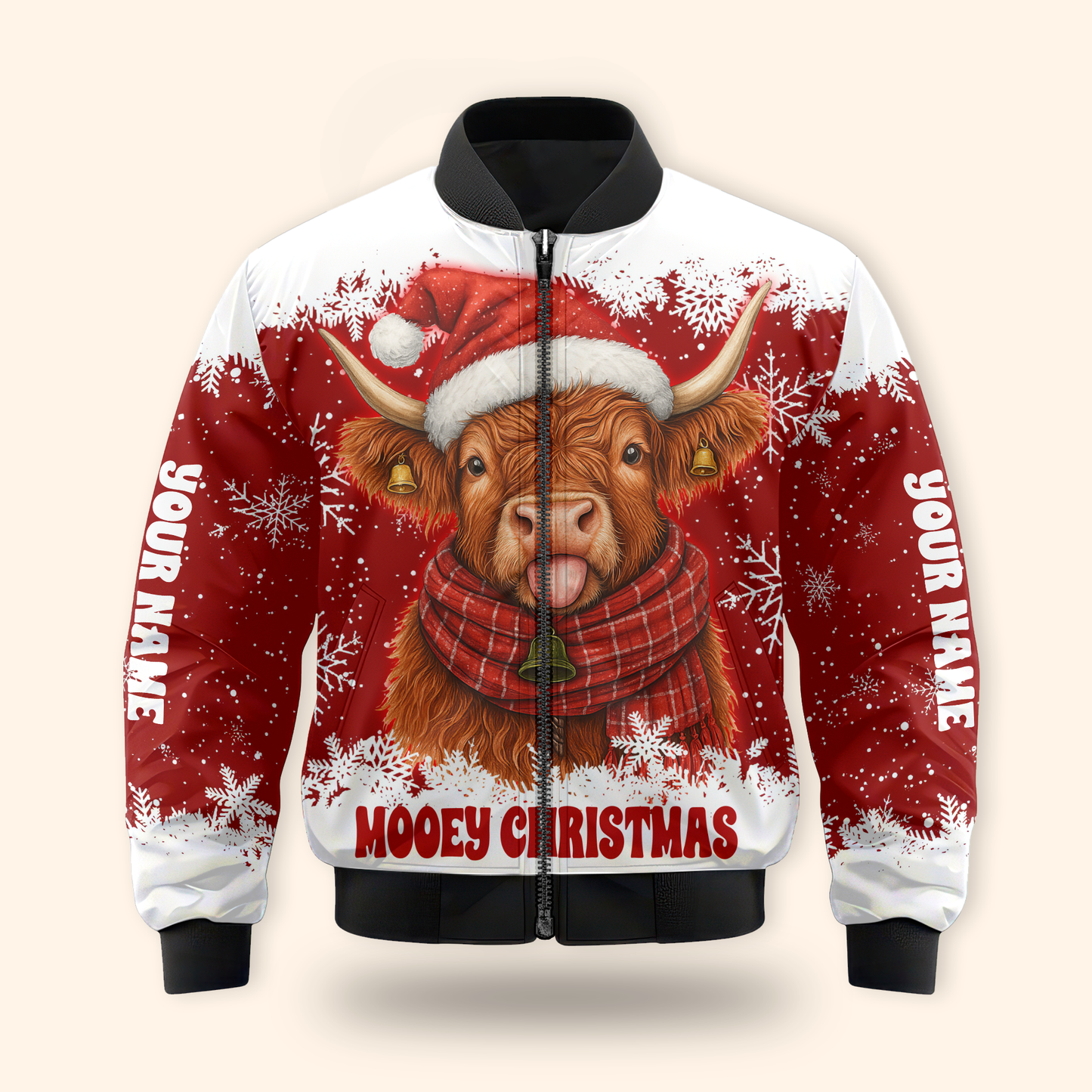 Custom Name Mooey Christmas Hoodie – Funny Highland Cow Zip Up, Red Holiday Hoodie Gift Idea