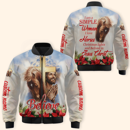 Christian Hoodie – I’m a Simple Woman Who Loves Horses and Jesus, Believe Zip Up, Christmas Faith Apparel