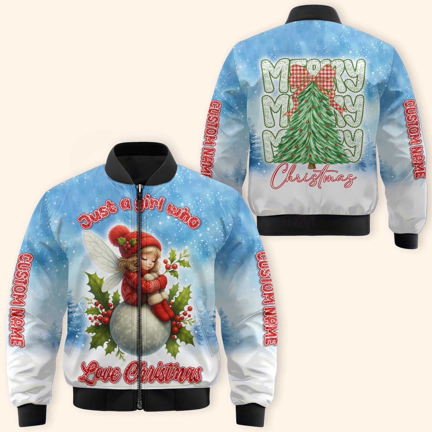 Custom Name Christmas Hoodie – Cute Fairy Snowball Zip Up, Just a Girl Who Loves Christmas Design